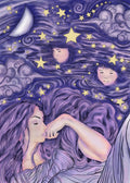 Artistic illustration of a woman with long hair and stars, moon, and clouds in the background.