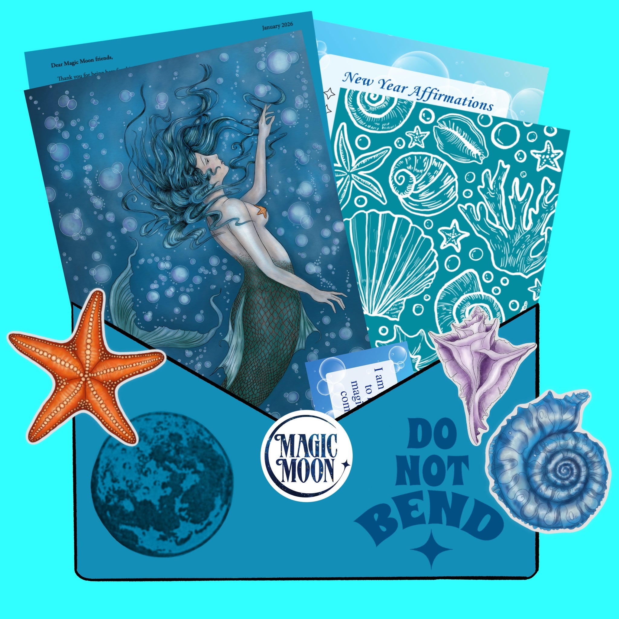 Mermaid-themed product with starfish, moon, and 'Magic Moon' branding on a blue background