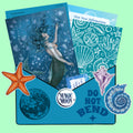 Mermaid-themed product with 'Magic Moon' branding on a green background