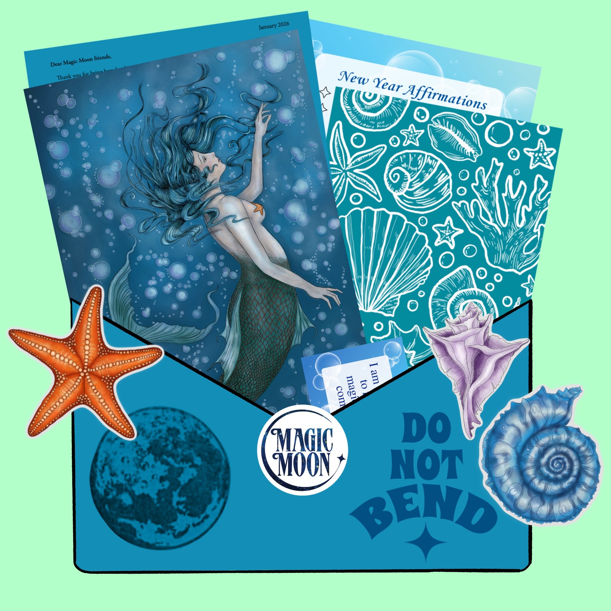 Mermaid-themed product with 'Magic Moon' branding on a green background