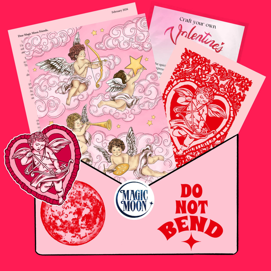 Valentine's Day-themed products with cherub designs on a pink background, featuring 'Magic Moon' branding.