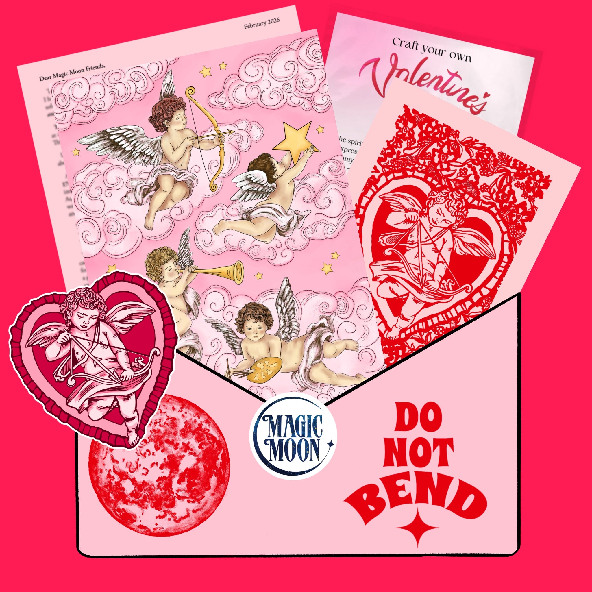 Valentine's Day-themed products with cherub designs on a pink background, featuring 'Magic Moon' branding.