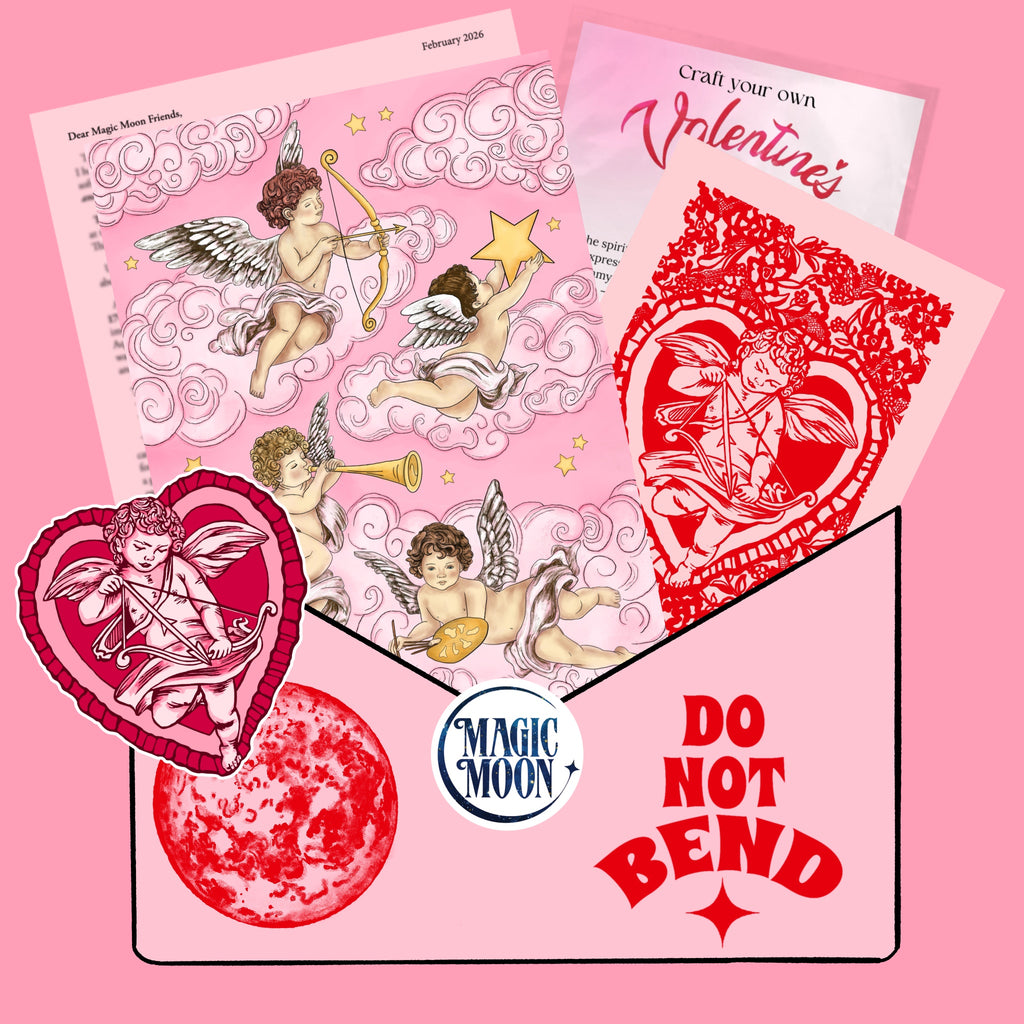 Valentine's Day-themed products with cherub designs on a pink background, featuring 'Magic Moon' branding.