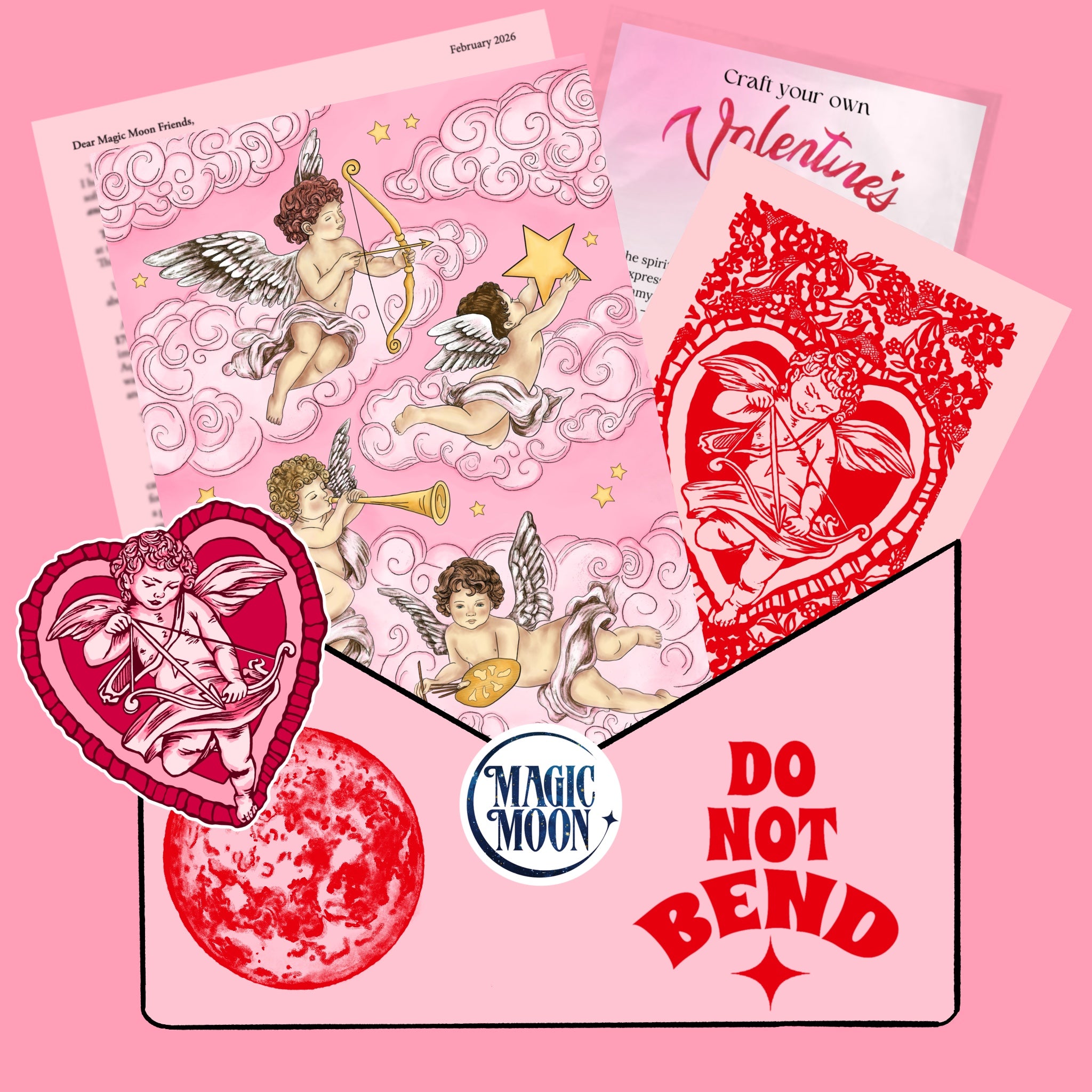 Valentine's Day-themed products with cherub designs on a pink background, featuring 'Magic Moon' branding.