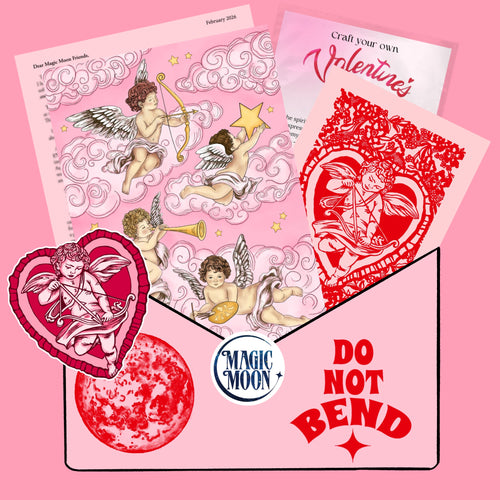 Valentine's Day-themed products with cherub designs on a pink background, featuring 'Magic Moon' branding.