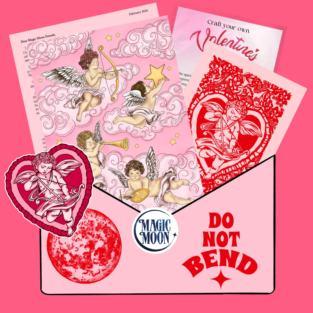 Valentine's Day-themed products with cherub designs on a pink background, featuring 'Magic Moon' branding.