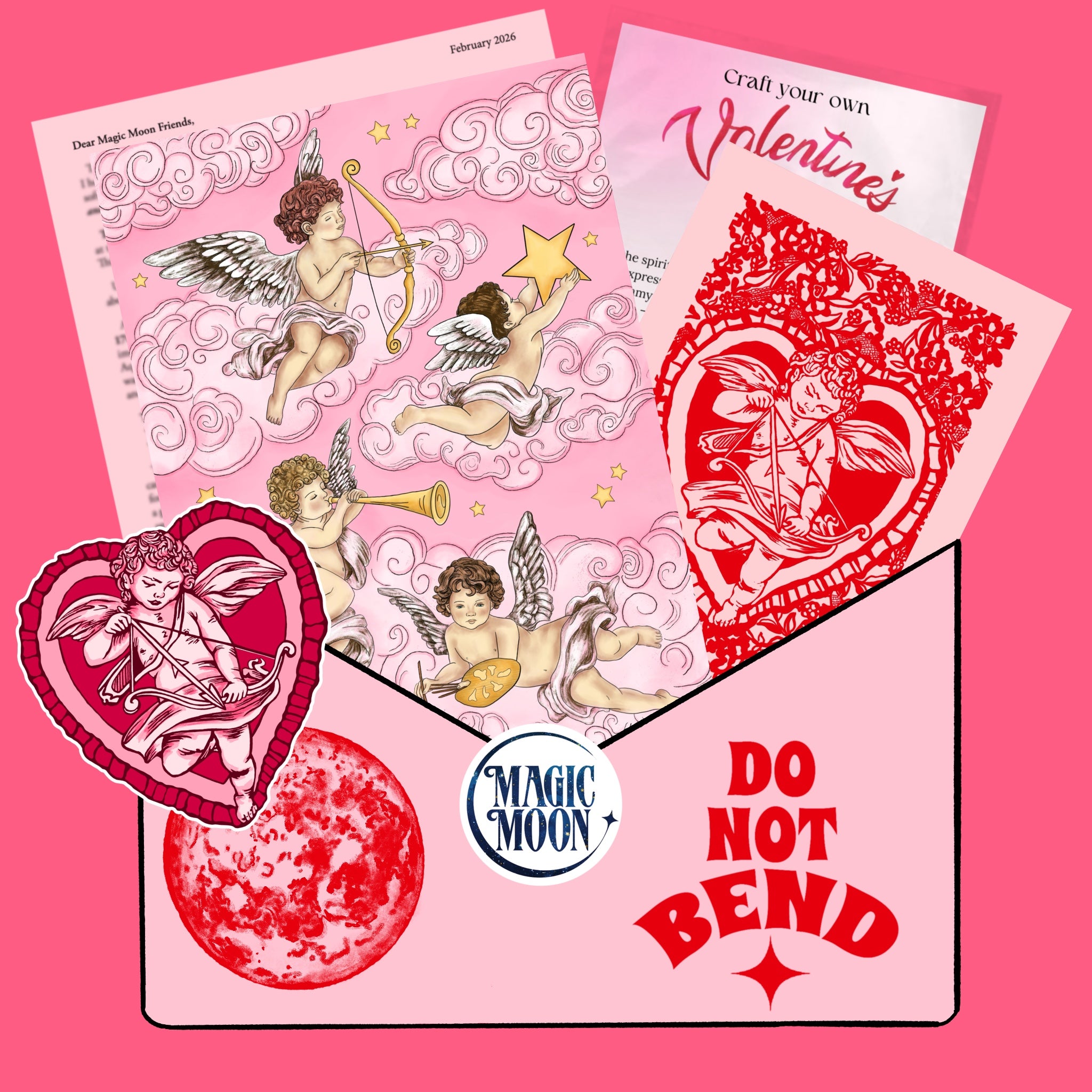 Valentine's Day-themed products with cherub designs on a pink background, featuring 'Magic Moon' branding.