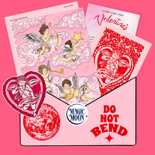 Valentine's Day-themed products with cherub designs on a pink background, featuring 'Magic Moon' branding.