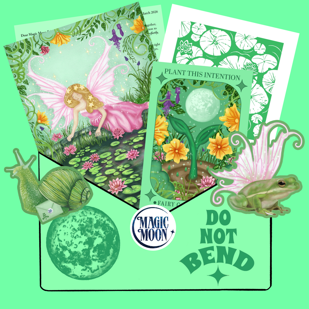 Set of cards with fairy and nature-themed designs on a green background, featuring the brand 'Magic Moon'.