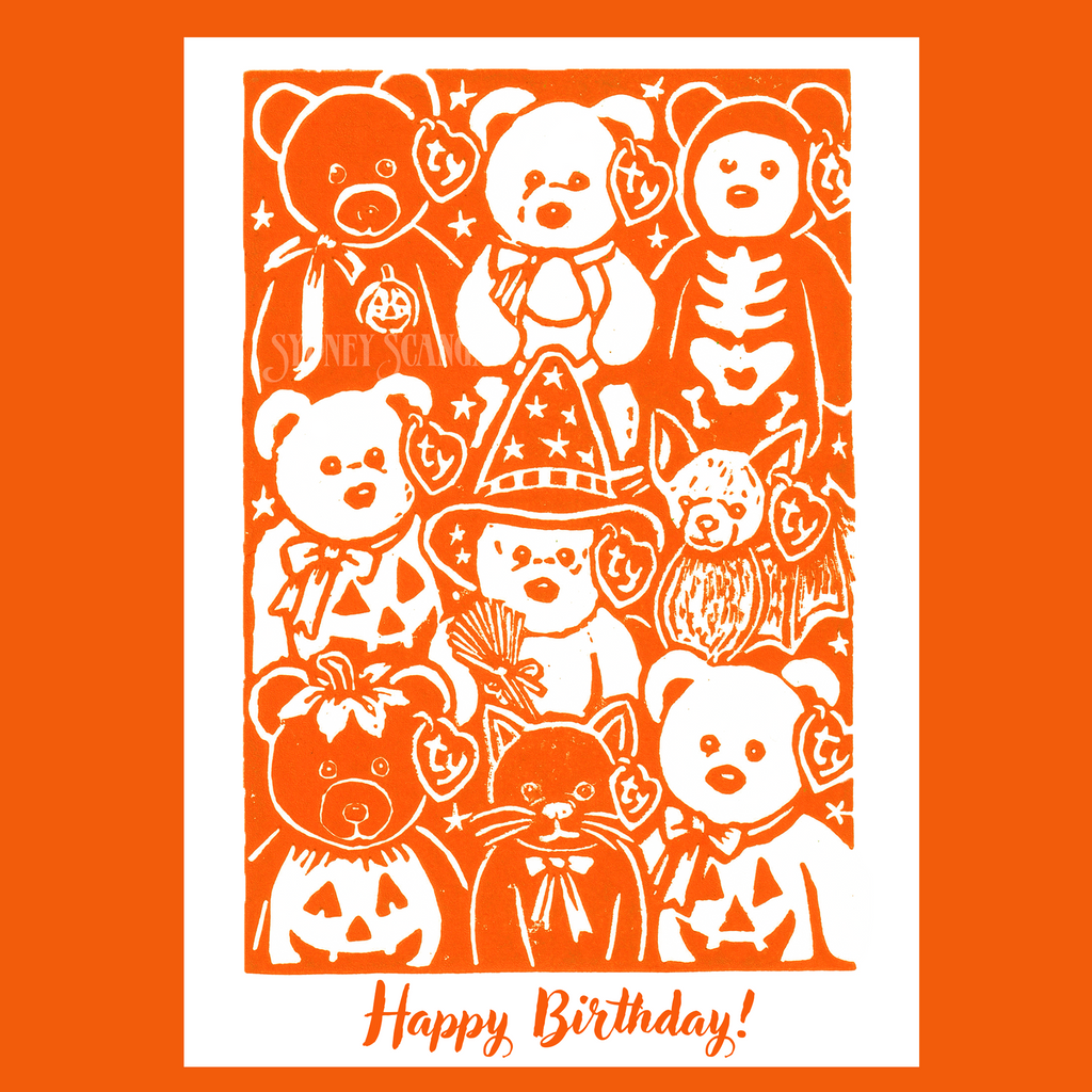Happy Birthday Beanie Baby Greeting Card (Linocut Reproduction)
