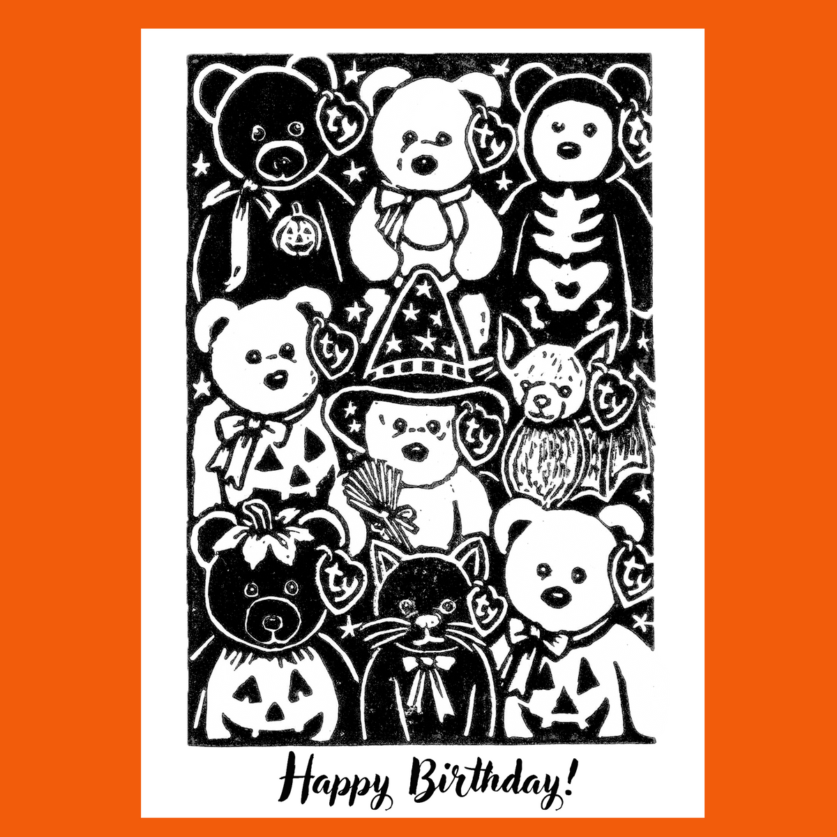 Happy Birthday Beanie Baby Greeting Card (Linocut Reproduction)