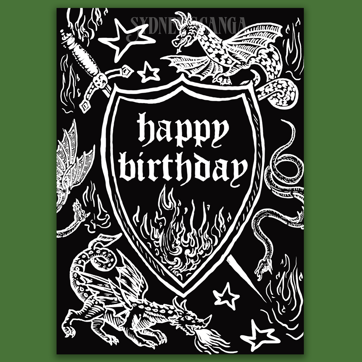 Medieval Dragon Happy Birthday Greeting Card Black