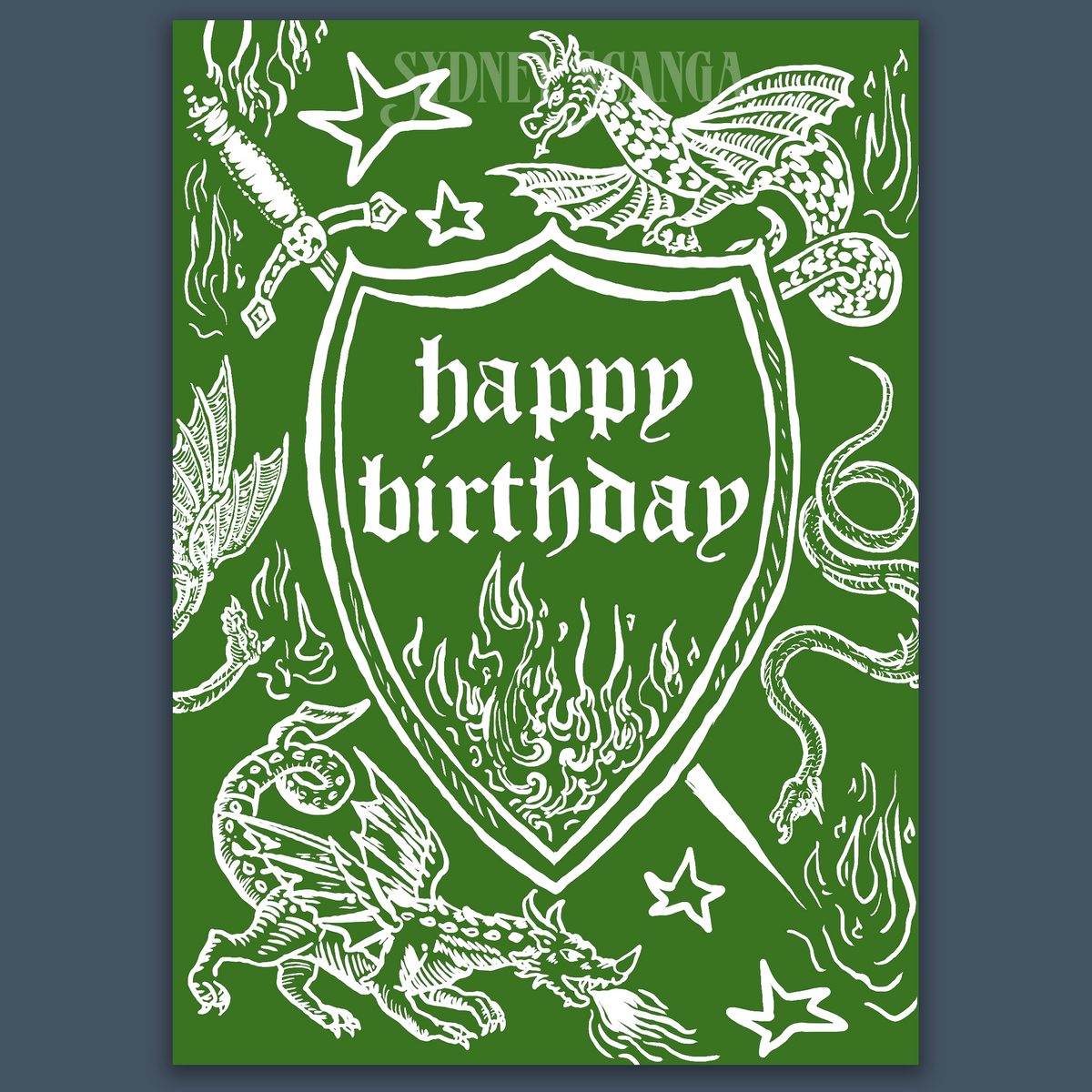 Medieval Dragon Happy Birthday Greeting Card Green