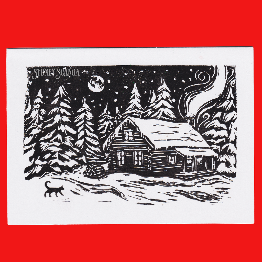 Winter Cabin Linocut Card