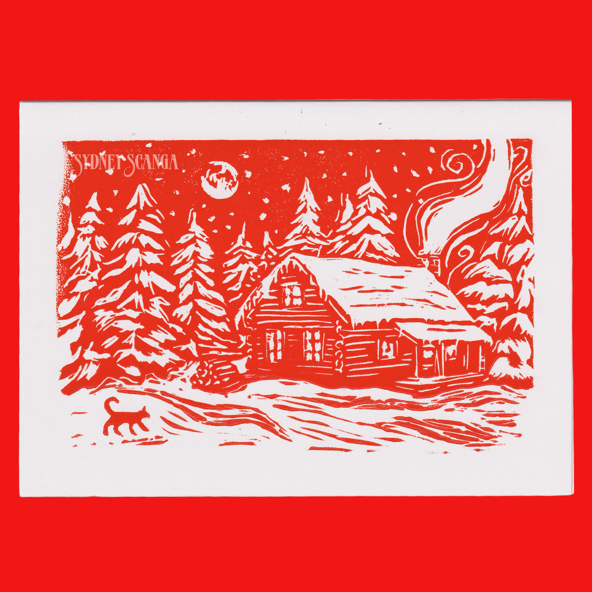 Winter Cabin Linocut Card