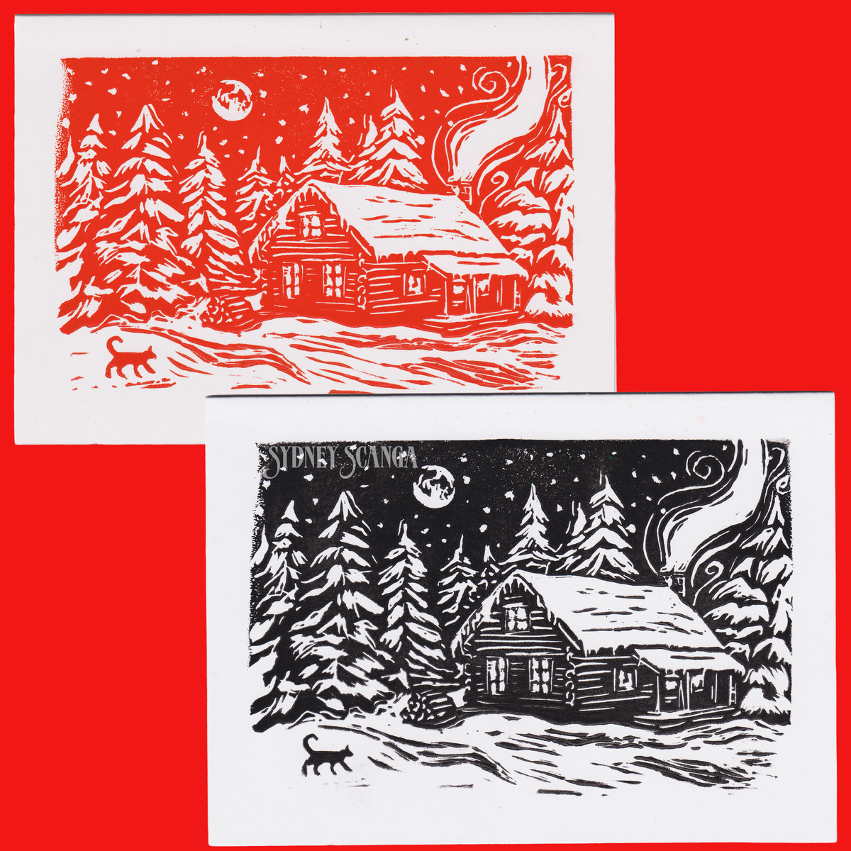 Winter Cabin Linocut Card